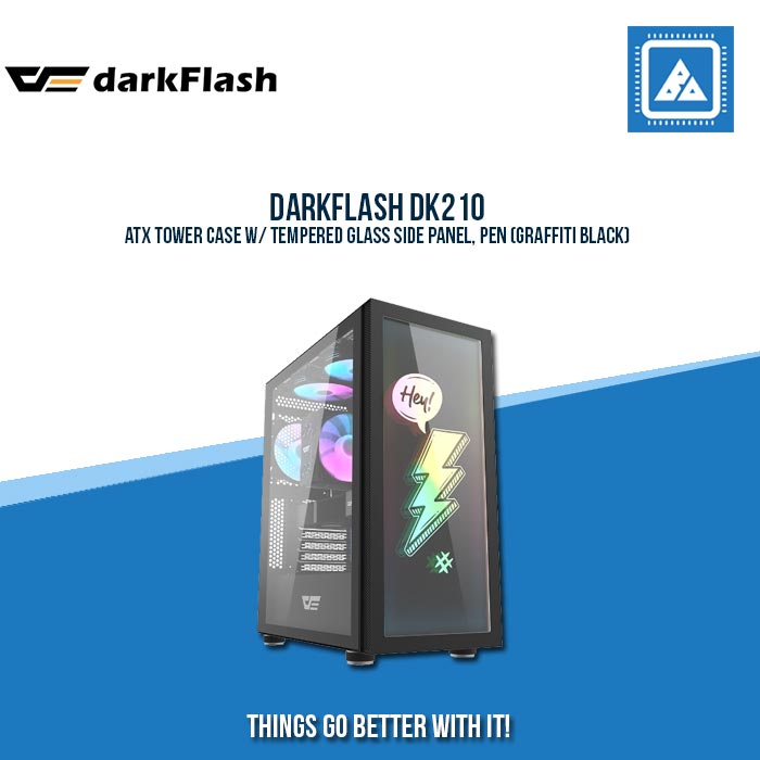 DARKFLASH DK210 ATX TOWER CASE W/ TEMPERED GLASS SIDE PANEL, PEN (GRAFFITI BLACK) DARKFLASH DK210 ATX TOWER CASE W/ TEMPERED GLASS SIDE PANEL, PEN (GRAFFITI BLACK)